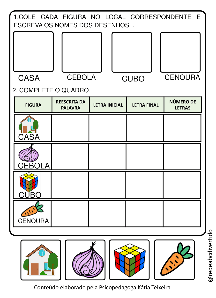 Cole e escreva com C: casa, cebola, cubo, cenoura